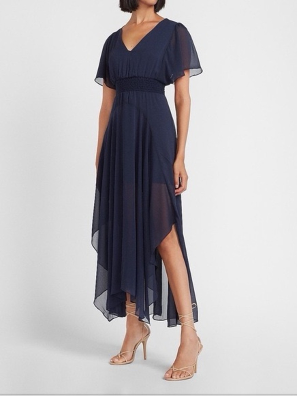 🎉SALE!!! Express Navy V-Neck High-Low Smocked Waist Dress